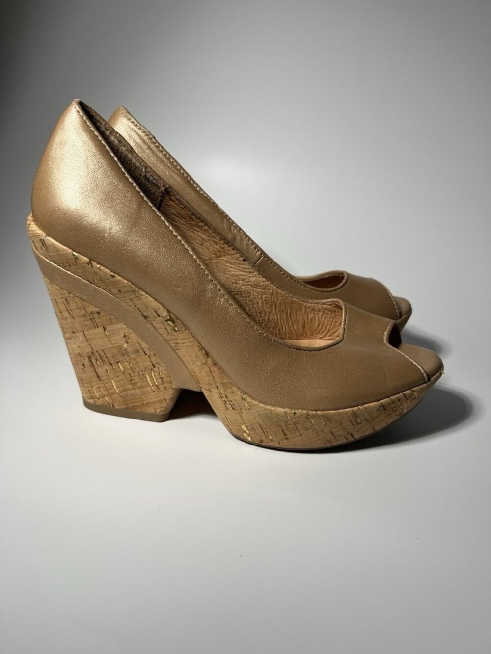 Sofft Olivia Bronze Leather Peep Toe Cork Wedge Pumps Women’s Size 7M